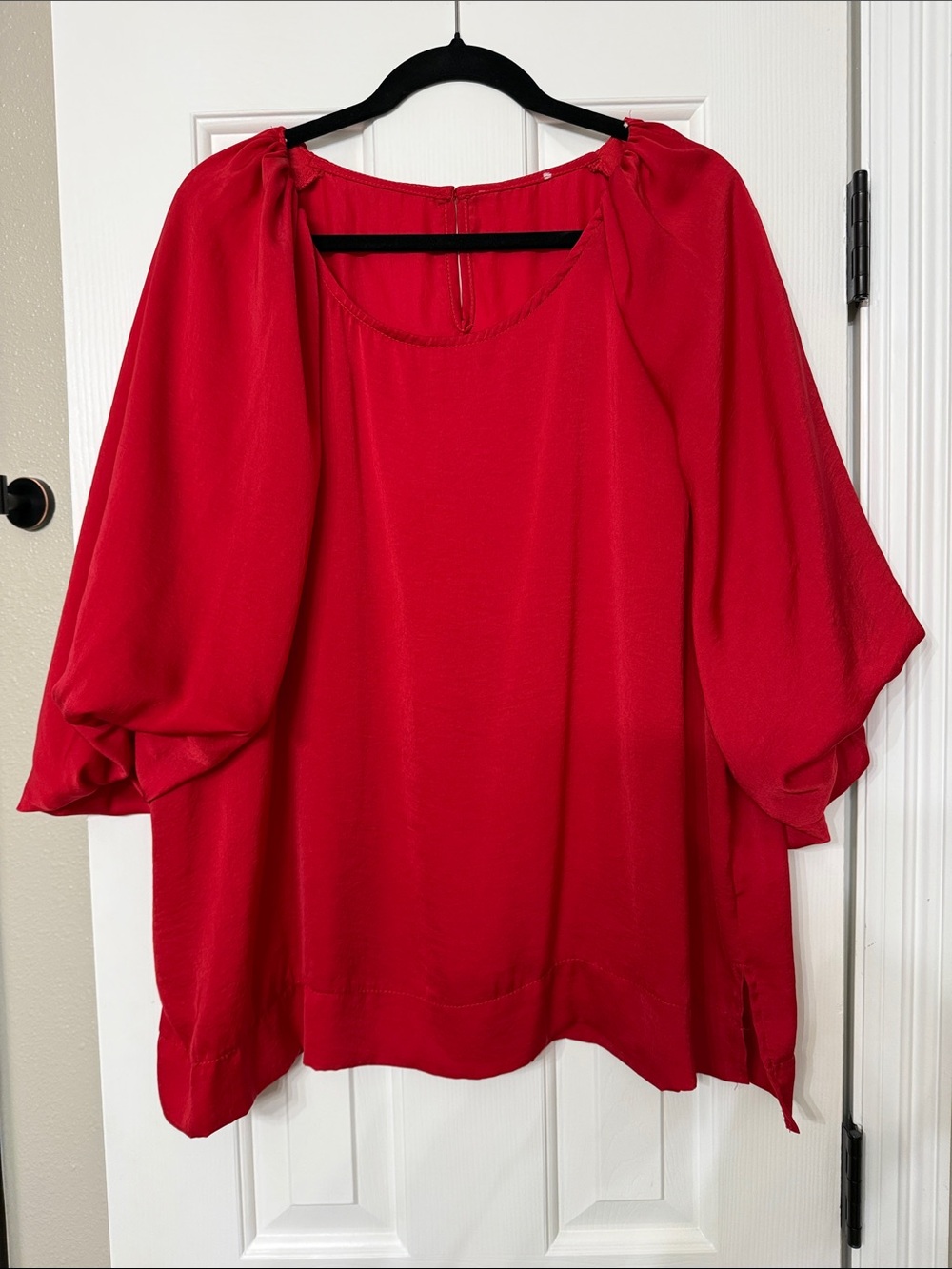 Red Women's Blouse - Elegant Puff Sleeve Top